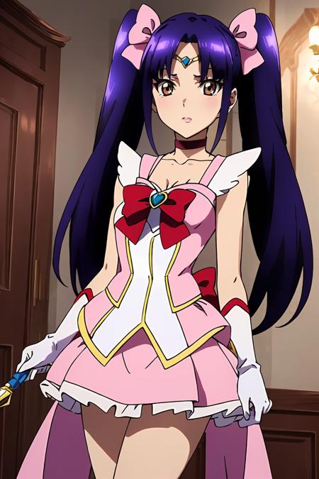 <lora:è¨èäº1V:0.8>,è¨èäº,1girl,solo,twintails,long hair,brown eyes,purple hair,blue hair,
magical girl,choker,dress,bow,pink dress,wand,hair bow,jewelry,pink choker,ribbon,brooch,cosplay,red bow,white gloves,, Exquisite visuals, high-definition,masterpiece,best quality,