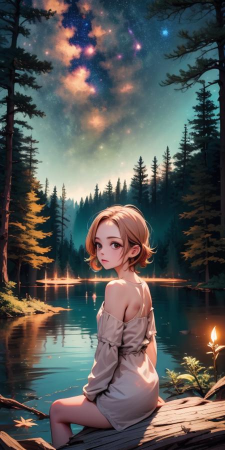 beatiful background, night, star, forest , lake, A girl at a distance