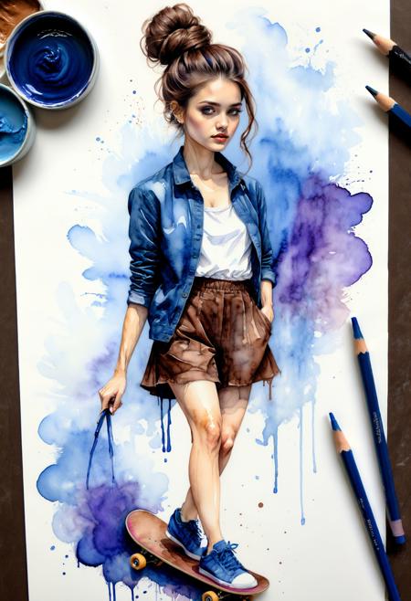 Craft a highly detailed (full body portrait), capturing the essence of a character
Pencil Drawing .
Kinetic Art .
Vegan Chef .
Sleek .
Pashtun .
Bewildered Amazement .
Skateboarding .
Floating Sky Island .
Twilight Hues .
Watercolor Wash .
Hair Style: Elegant Updo .
Hair Color: Chocolate Brown .
Eye Color: Sapphire Blue .
(Skin Detail: The skin exhibits ultra-detailed features down to the pores, capturing every nuance and texture with precision.)
<lora:add-detail-xl:1> <lora:sdxl_offset_example_v10:1>  <lora:xl_more_art-full_v1:1>