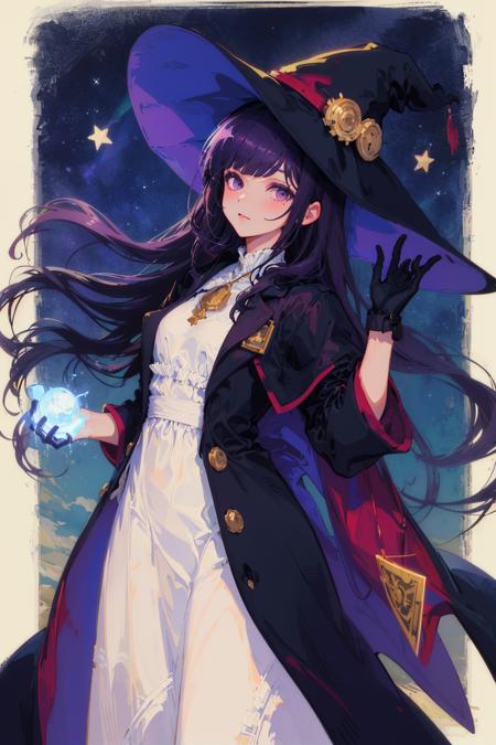 ((masterpiece:1.2, best quality)), 1girl, solo, (witch hat), dark purple hair, long hair, dress, aurora, night, star (sky), gloves, sky, white dress, night sky,  starry sky, dark purple eyes, ribbon, trench coat, hair ribbon, cape, magic, casting spell, dark clouds, night, (art nouveau:1.4), (tarot:1.3), alphonse much,sideburns,(long coat:1.5),toga,robe,cassock, <lora:BellaV2:0.8>