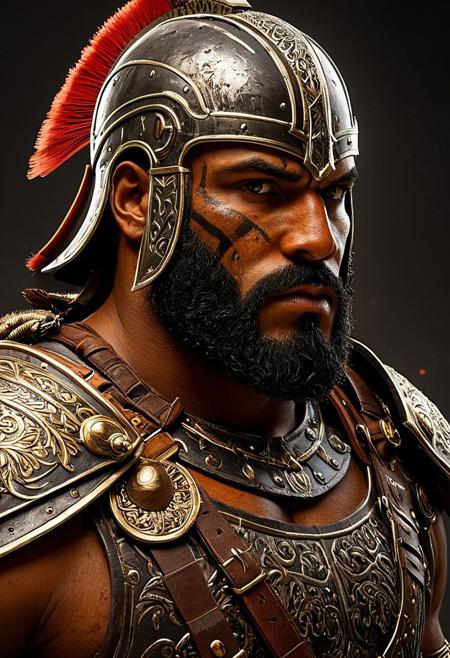 Artwork, barbarian, beard , dark-skinned, grey eyes, portrait, finely detailed gladiator armor,  secutor helmet, intricate design, cinematic lighting, dramatic lighting, 4k