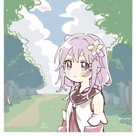 1girl, bangs, bare_shoulders, blue_sky, blunt_bangs,braid, breasts, bush, closed_mouth, cloud, cloudy_sky, crown_braid, day,detached_sleeves, emilia_\(re:zero\), eyebrows_visible_through_hair, flower, forest, garden, gem, grass, hair_flower, hair_ornament, hair_ribbon, house, long_hair, looking_at_viewer, nature, outdoors, park, path, pointy_ears, purple_eyes, purple_ribbon, ribbon, road, silver_hair, sky, smile, solo, tears, tree, white_flower, x_hair_ornament <lora:namoridane-0000018:1>