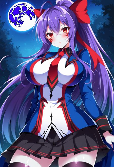 purple eyes, blue hair, long hair, antenna hair, ponytail, hair between eyes, long hair, sidelocks, yellow ribbon, dark persona, colored skin, gray skin, red eyes, dark purple hair, red facial tattoo, ponytail, hair between eyes, long hair, sidelocks, red ribbon, bare shoulders, backless outfit, sideboob, fingerless red gloves, white halter top with red trimming, black lowleg pants, hip vent, navel, midriff, school uniform, zettai ryouiki, white shirt, blue coat, red tie, pleated skirt, black skirt, black thighhighs, sunglasses, heart-shaped eyewear, eyewear on head, blue striped bikini, yellow straps, rims that is decorated with yellow ribbons, red hair flower, anklet, jewelry, headdress with two dark horns, backless outfit, metallic halterneck, cleavage cutout, collar with red feathers and a white cape attached, black pants, hip vent, hip vent with red feathers around inner thigh, black gloves, mechanical tail,