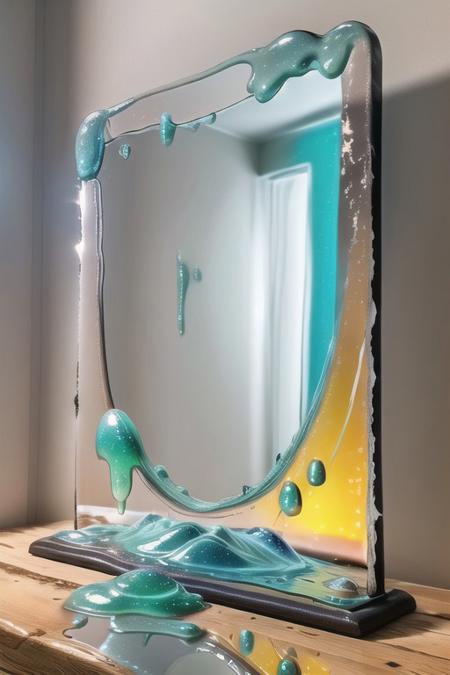 slime-morph, sl1m3d, made of slime, abstract slime mirror, cracked slime glass, bright lights, ultra realistic