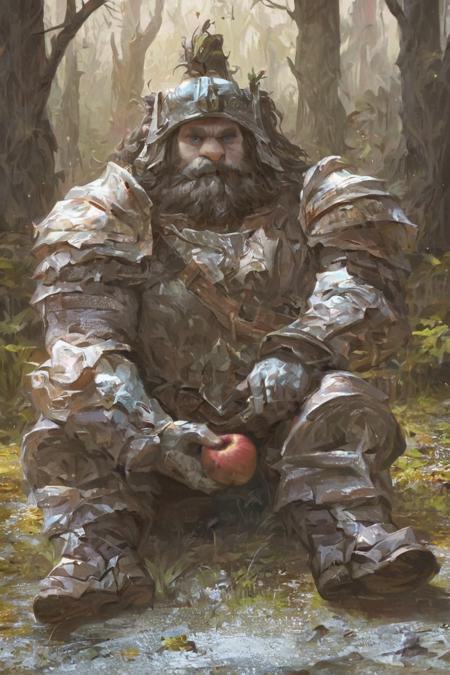 score_9, score_8_up, source_anime, rating_safe, Fantasy, dwarf, 1boy, long braided hair, ((long beard)), bushy beard,White armor, boots, gloves, paladin, insigna <lora:EnvyHeavyArmorXL01:0.8>, dark blue eyes, sitting in a chair, holding apple, centered, portrait, Swamp, dead trees, distant trees, photorealistic, facing viewer, Night, up close, detailed face, face focus, full body, solo, looking at viewer,, ((short stack)), wearing helmet
