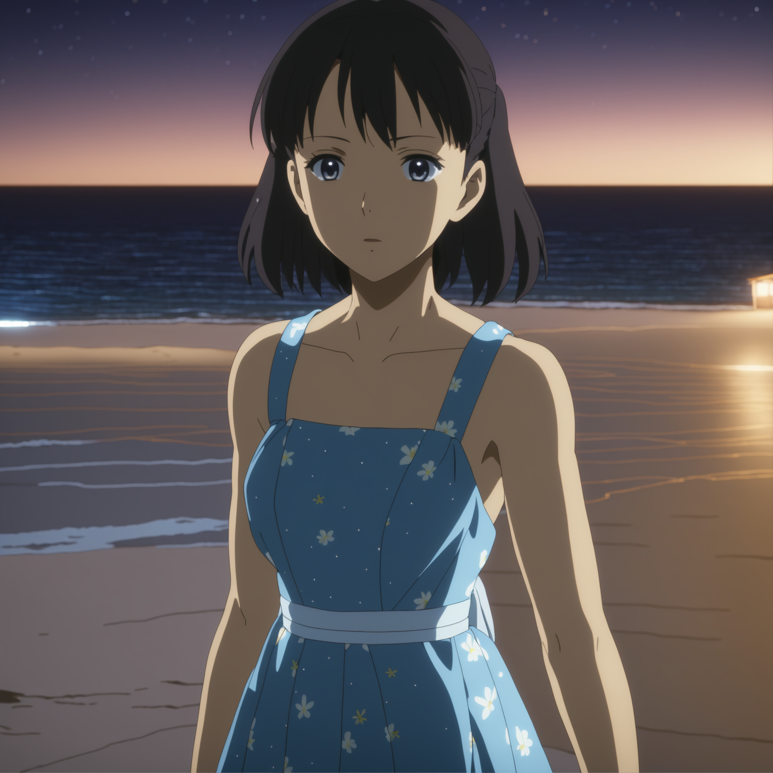 A anime screenshot of a girl wearing sundress on a beach at night.