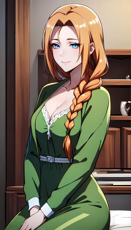 green dress long hair braid orange hair blue eyes