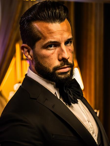1man, tristan tate, male focus, facial hair, wearing a tuxedo, digital art, masterpiece, 8k, highly detailed, cinematic, <lora:Tristan_Tate:1>
