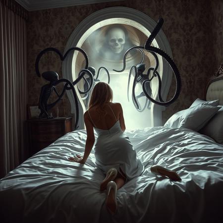 Beautiful lady kneeling in the bed,  pulled by alien long tentacles emerged from the portal  from her bedroom  bed toward portal in the wall,   opened  to alien spacesip chamber  by alien tentacles, struggling  to break free. Fog streaming from the portal. Macabre space aliens looking to her. Rich white  transparent satin nightgown, elegant high heels, weird foil pillows, view from behind,