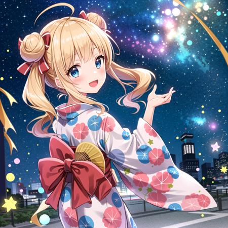 masterpiece, best quality, (1girl, solo),
Oomori Anko, 1girl, solo, japanese clothes,  kimono, pink kimono, blonde hair, blue eyes, smile, open mouth, double bun, ahoge, hand fan, hair bun, sky, blush, paper fan, star (sky), looking at viewer, sidelocks, :d, bow, looking back, starry sky, night, bangs, floral print, hair bow, uchiwa, night sky, yukata, pink bow, polka dot, wide sleeves, sash, print kimono, tanabata, obi, long sleeves, from, blunt bangs
<lora:OomoriAnko:0.65>
(((outdoor,city,cowboy shot, dynamic pose)))