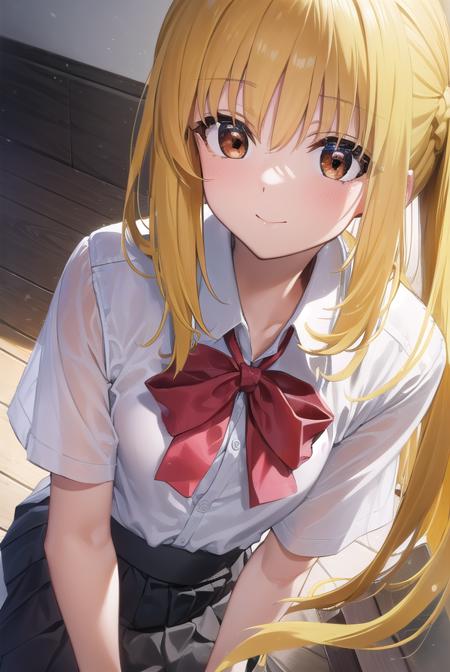 nijikaijichi, <lyco:nijikaijichi-lyco-nochekaiser:1>, 
nijika ijichi, ahoge, (yellow hair:1.5), (brown eyes:1.5), long hair, one side up, (flat chest:1.2), smile,
BREAK (black skirt:1.5), bow, bowtie, collared shirt, pleated skirt, polka dot, polka dot bow, red bow, (red bowtie:1.5), red footwear, shirt, shoes, short sleeves, skirt, socks, (white shirt:1.5), white socks,
BREAK indoors, classroom,
BREAK looking at viewer, (cowboy shot:1.5), 
BREAK <lyco:GoodHands-beta2:1>, (masterpiece:1.2), best quality, high resolution, unity 8k wallpaper, (illustration:0.8), (beautiful detailed eyes:1.6), extremely detailed face, perfect lighting, extremely detailed CG, (perfect hands, perfect anatomy),