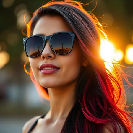 woman portrait,20yo, mulatto latino appearance, sport sunglasses, black and red long hair style, background blurred, sunset in the background, sunny day