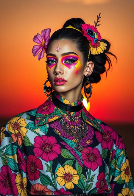 avant-garde fashion model, abstract floral patterns, bold geometric shapes, vibrant neon makeup, experimental fabrics, surreal colors, futuristic accessories, (high fashion:1.4), sunset background, artistic streetwear, exaggerated proportions, dramatic lighting, eclectic jewelry, (conceptual fashion:1.5), avant-garde hairstyle, unconventional textures, mixed media, artistic expression, (8k ultra-detailed), bold contrast, contemporary, futuristic, cutting edge