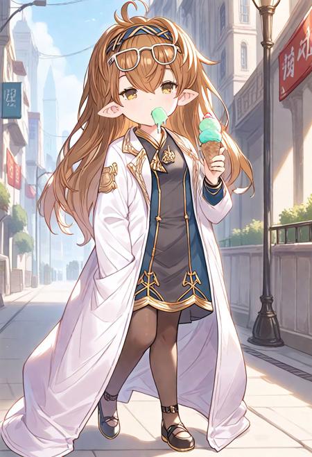 gbf-alspia, harvin, brown hair, long hair, brown eyes, hairband, mole under eye, eyewear on head, white-framed eyewear, gbf-alspia outfit, labcoat, black dress, brown pantyhose, black footwear,  gbf-alspia, harvin, brown hair, long hair, brown eyes, hairband, mole under eye, eyewear on head, white-framed eyewear,