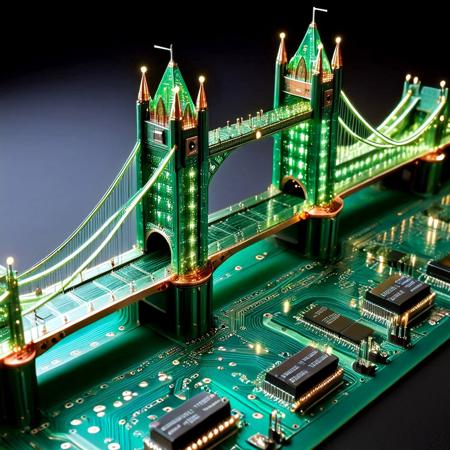 London Bridge reimagined as a futuristic circuit board structure. The towering bridge is constructed from translucent green PCB layers, with elegantly etched copper traces forming hydraulic mechanisms. Surface-mount capacitors serve as pivot points, miniature LEDs glow along the joints, and integrated circuit “hydraulic” lines pulse with energy.