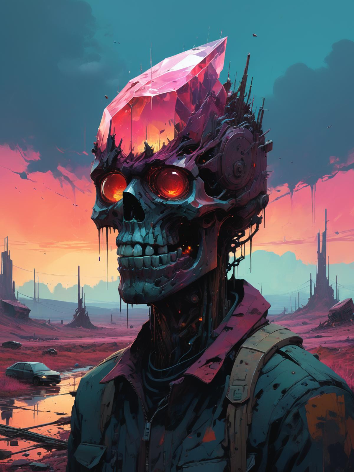 A robotic character with a gem in its head stands in a wasteland.
