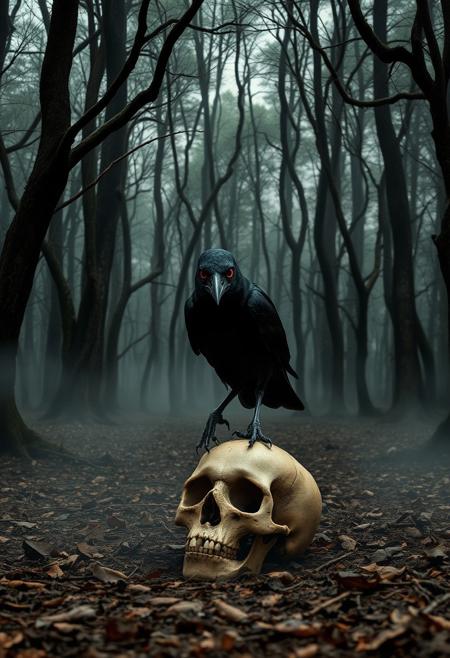 a dark and spooky scene of a scary crow with red eyes perched on a skull on the ground in a dense forest. The forest is filled with tall, dark trees with twisted branches. The ground is covered with dry leaves. There is a mist surrounding the forest, adding to the eerie atmosphere.