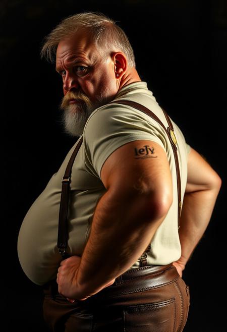 seen from the side, professional model photograph with dramatic lighting, dark night, dark background, lowlight, in dark wine cellar,  stereotypical traditional bavarian german granddad, tall big man with large belly, deep blue-green eyes, bushy eyebrows, pale blonde hair, big bushy eyebrows, tanned sun-kissed skin, lederhosen, bavarian leather pants, leather suspenders, small golden earring, stern serious arrogant dominant personality, disgusted arrogant expression, hands on hips