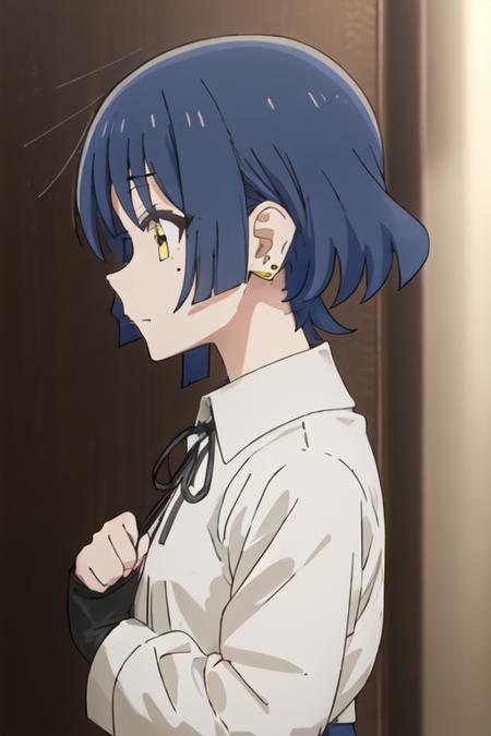 best quality, masterpiece, highres, solo, {yamada_ryo_bocchitherock:1.15}, blue_hair, short_hair, bangs, mole_under_eye, mole, yellow_eyes, hair_ornament, closed_mouth, hairclip, 1girl, collared_shirt, earrings, layered_sleeves, long_sleeves, shirt, short_over_long_sleeves, short_sleeves, upper_body, white_shirt, black_ribbon, black_shirt, from_side, jewelry, neck_ribbon, profile, ribbon