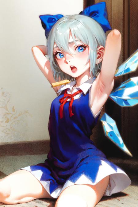 <lora:samurlora_v001:1>,cirno, 1girl, armpits, blue bow, blue dress, blue eyes, blue hair, blush, bow, collared shirt, detached wings, dress, fairy, food, hair between eyes, hair bow, holding, holding food, ice, ice wings, open mouth, popsicle, shirt, short hair, solo, tatami, white shirt, wind chime, wings ,