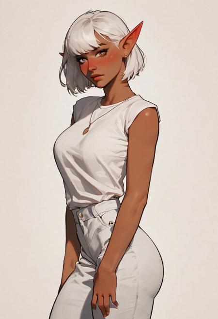 score_9, score_8_up, score_8_up, elf, 1 elf girl, white hair, bangs, photoshoot, posing cute, posing sexy, nsfw, portrait, tanned skin, ((streetwear)), ((taking pants off)), shy, blushing, thick ass, teardrop shaped tits, thick thighs, fit body,thin waists, from waist up, beautiful, studio lighting, negative_hand, g0thicPXL, GTA