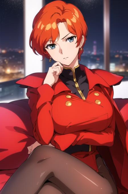 (Night:1.7), Cyberpunk_CityView, Before Window,
sitting at attention,sitting on couch,crossed arms, 
red uniform,red jacket,military_uniform,military,long_sleeves,red_cape,Black_shirt,pantyhose, 
<lora:Berah_Ronah_Crossbone-KK77-V1:0.7>,<lora:aiueOkaStyle_v10:0.1>, <lora:saiminSeishidou:0.1>,
orange_hair,short_hair,earrings, jewelry
1 girl, 25yo,mature female,Beautiful Finger,Beautiful long legs,Beautiful body,Beautiful Nose,Beautiful character design, perfect eyes, perfect face,
looking at viewer, (innocent_big_eyes:1.0),(expressionless:1.3),
NSFW,official art,extremely detailed CG unity 8k wallpaper, perfect lighting,Colorful, Bright_Front_face_Lighting,
(masterpiece:1.0),(best_quality:1.0), ultra high res,4K,ultra-detailed,
photography, 8K, HDR, highres, absurdres:1.2, Kodak portra 400, film grain, blurry background, bokeh:1.2, lens flare, (vibrant_color:1.2)
(Beautiful,large_Breasts:1.4), (beautiful_face:1.5),(narrow_waist),