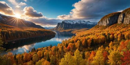 RAW photo, Norway, deep autumn, dream nature, primeval wild, picturesque forest, bright clouds, beautiful sky, sun, epic landscape, spring lake, colorful scenery, desolate atmosphere, realistic, masterpiece, 8k resolution, ultra detailed, vivid colors, high quality,