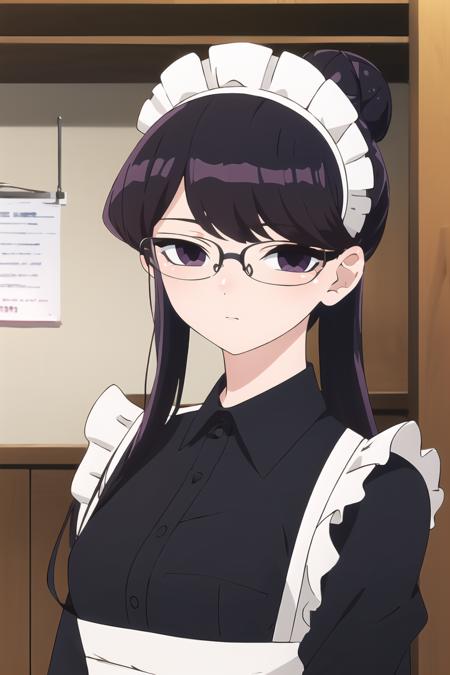 <lora:ShokoKomi_KS:0.8> ShokoKomidef, purple hair, purple eyes, long hair
looking at viewer, enmaided, bangs, apron, frills, expressionless, maid headdress, black-framed eyewear, hair bun, dress, maid, glasses, closed mouth, upper body
masterpiece, best quality,