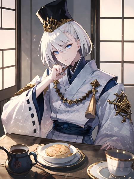 masterpiece,best quality,highres,cinematic lighting,dramatic angle,1boy,<lora:ShadowverseKuonV1:0.8:lbw=jiangshi3> ,white hair,short hair,blue eyes,leg up,teacup,table,tatami,sitting,white dress,clothing cutout,gold trim,clothing cutout,hakama,tate eboshi,hat,japanese clothes,beads,tassel,looking at viewer,potrait,close-up,straight-on,pov across table,evil smile,parted lips,shaded face,arm support,head tilt,upper body