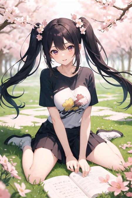 1girl, casual clothes, t-shirt, skirt, twintails, long hair, outdoors, sakura flowers, grass, wariza