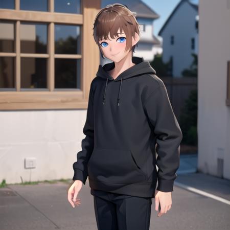 ((Masterpiece, Best Quality, 8k, best quality face, beautiful eyes)), ArnasAtakiyo, solo, smile, blue eyes, detailed background, brown hair, 1boy, solo focus, short hair, outside, blushing, looking at viewer, cowboy shot, closed mouth, (black hoodie), black pants, cute pose, <lora:Arnas_Atakiyo_NEW:0.55>