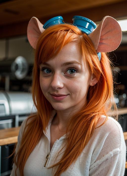 A young woman with red hair and blue eyes wearing a blue hat.