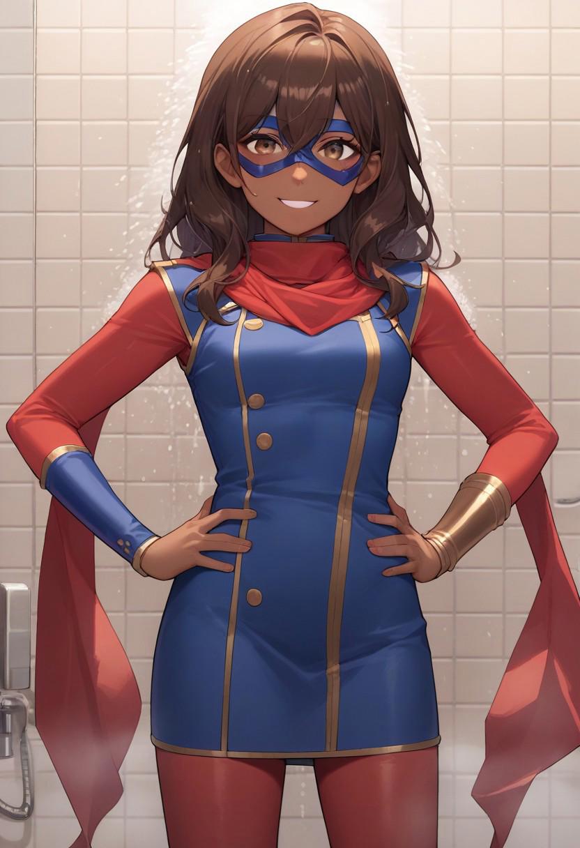 score_9, score_8_up, source_anime, bathroom, shower stall, Expressiveh,
1girl, kamalakhan, brown hair, long hair, brown eyes, dark skin, mask,
red scarf, blue short dress, red bodysuit, red pantyhose, bracers,
hands on hips, smile, looking at viewer,  solo,     <lora:KamalaKhanXL-000012:1>