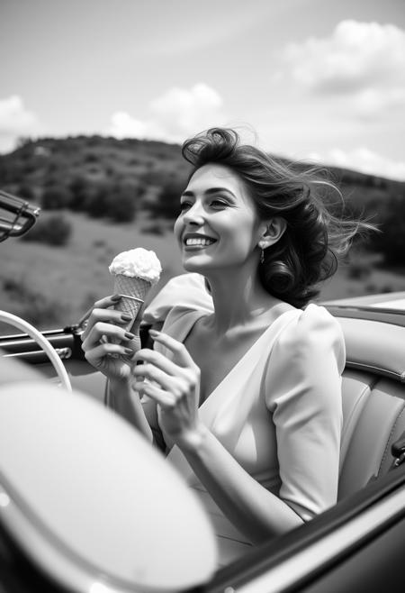 Low angle black and white candid photograph of a high society woman holding an ice cream cornet in a very elegant way. The woman is seated in the passenger seat of a vintage convertible roadster, looking ahead, smiling elated at the beauty of the landscape, a strong breeze in her hair. 105mm, F1.8, shallow depth of field.