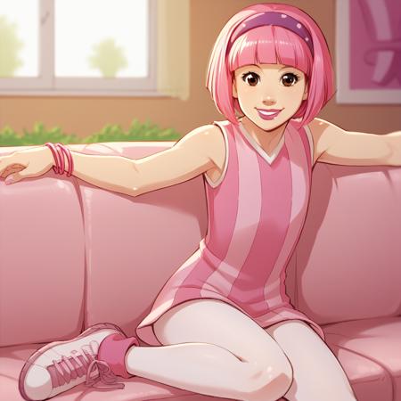 Stephanie, 1girl, solo, pink hair, short hair, brown eyes, lipstick, headband, pink dress, sleeveless, pantyhose pink socks, white footwear, 