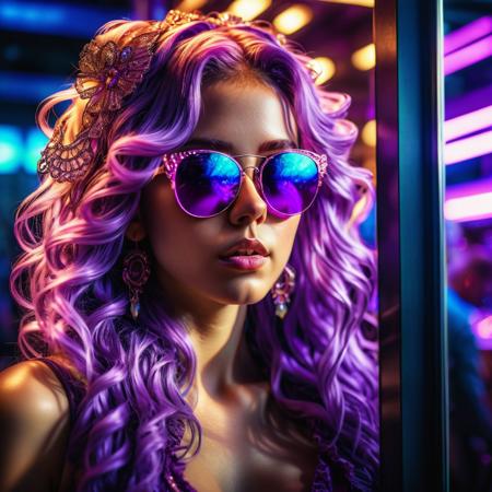 (hdr film grain:1.2), (sunlight:1.3),seductive,
looking at viewer,gorgeous woman wearing  purple, ruffled long colored hair,neon glow,mirror sunglasses, shiny,
intricate detail, photorealism, 8k uhd, dslr, soft lighting, high quality, film grain