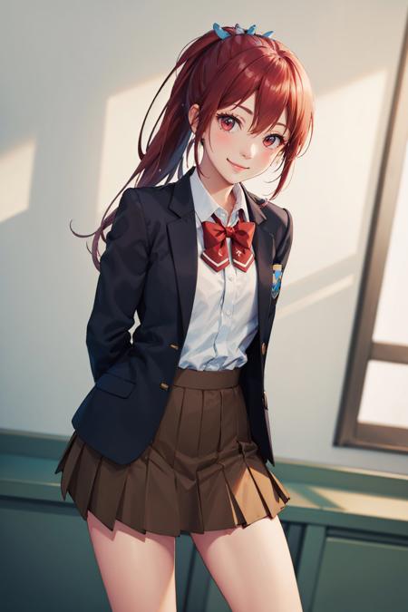 (masterpiece, best quality:1.2), <lyco:free_matsuoka-11:1.0>, cowboy shot, solo, 1girl, matsuoka gou, smile, looking at viewer, arms behind back, ponytail, school uniform, jacket, skirt, kneehighs