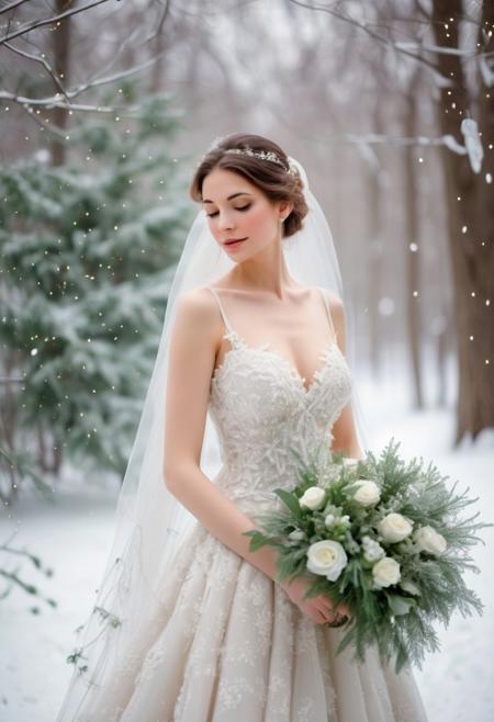 serene beauty of a winter wedding, with a radiant bride surrounded by twinkling lights, lush greenery, and delicate snowflakes, in a majestic Impressionist-inspired style.