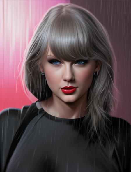 TaylorSwift, [art by Atey Ghailan: (art by Artgerm:0.8) :10], painting, Odious Drab heavyset Girl, Disco Era Cybernetic Eye, Raining, Graphic novel, Figurative Art, High Contrast, sfumato,  <lora:TaylorSwiftSD1.5:1>