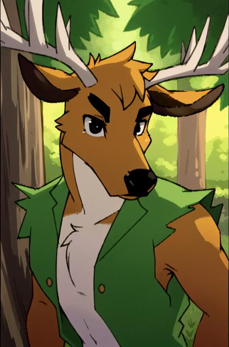 BamboCzar, (ripped sleeves, green open vest, chest tuft, antlers, deer ears, snout, black eyes), (masterpiece:1.2), hires, ultra-high resolution, 8K, high quality, (sharp focus:1.2), clean, crisp, cinematic, <lora:Bambo-20:0.65>