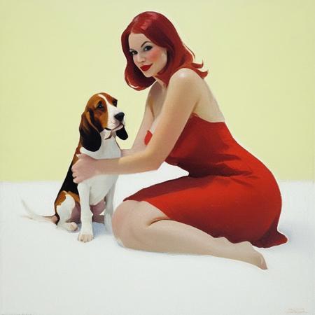 A vibrant abstract dario painting of a vibrant, red-haired woman in a form-fitting red dress, holding a red square in one hand and a red pillow in the other. She is positionedagainst a backdrop of yellow and white. To her right, a Basset Hound dog with a white and brown coat is sitting on the floor, also holding a red square. The overall ambiance of the image is playful and retro, reminiscent of mid-20th century pin-up art.
