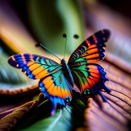 award winning photography, an intricate butterfly sitting on a leaf, intricate details, cinematic atmosphere, iridescent, modelshoot style, dreamlikeart, dramatic lighting, trending artstation, saturated colors, 
art by SEL-FOC,