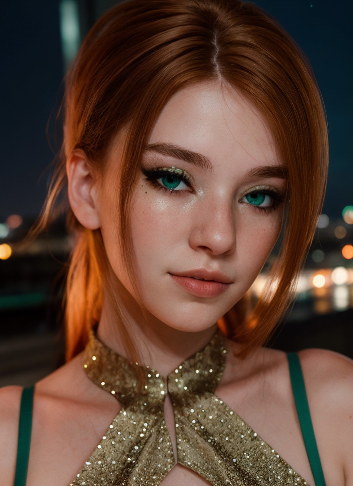 closeup portrait of girl, soft and dreamy portrait, beautiful, night photo, city at night background, wearing glitter dres...