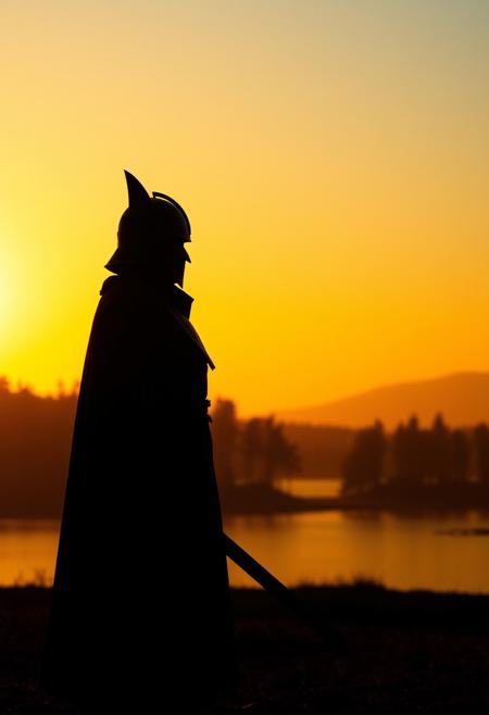 A lone figure stands at the fore, sword in right hand, gazing towards the right side of the immense screen before them. Wearing a helmet with a pointed top and a long, flowing coat, their silhouetted figure casts a striking presence against the warm, gradient-hued background. Trees and a serene lake recede into the distance, while the blue sky above is set aflame by the golden hues of sunset. The scene is bathed in a warm, golden light, as if the sun's rays are juxtaposed with the gentle glow of dawn, casting a mystical ambiance. As the figure's gaze pierces through the fading light, their subtle expression conveys a quiet contemplation, inviting the viewer to step into their world. Winner of the prestigious cinematography award, this shot is reminiscent of the iconic work of Terrence Malick, with its delicate balance of golden light, exquisite composition, and subtle emotional depth. Notably, the subtle grain of 16mm film, coupled with a precise color grading, imbues the scene with a timeless, dreamlike quality. The camera, positioned at a wide angle, captures the expansive landscape, drawing the viewer's eye towards the figure, as they stand, poised and still, at the threshold of the unknown. Nikkor lenses and Zeiss filters create a sumptuous, tactile quality, rendering each detail, from the subtle folds of the coat to the intricate textures of the tree bark, with breathtaking realism.