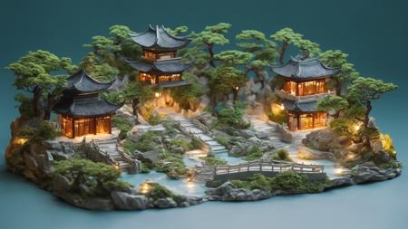 Diorama,Qingtian stone carving, Chinese jiangnan garden isometric diorama, waterfall, pavilidon, night, Cascading, steps, pine tree, chinese plants, beautiful, hyperdetailed illustration, fantasy, volumetric lighting, concept art, Cinematic, lighting, digital art, 8k