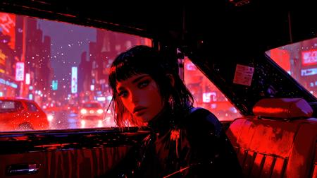 Cinematic neon-lit scene, a young woman with wet, dark hair sits in the backseat of a car at night, gazing out the rain-streaked window. The car interior is bathed in deep red and pink lighting, creating a surreal, dreamlike atmosphere. Raindrops glisten on the glass, reflecting city lights. A haunting and moody expression on her face, lost in thought. The composition captures a blend of suspense and melancholy, inspired by classic Italian horror cinematography.  
