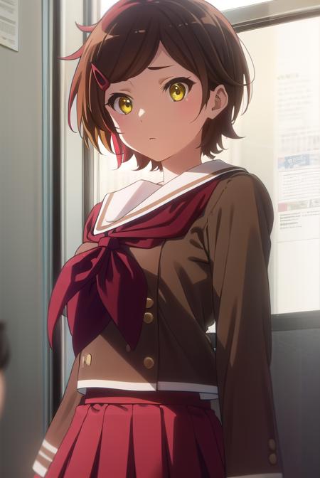 hazukikatou, <lora:hazuki katou s2-lora-nochekaiser:1>,
hazuki katou, short hair, brown hair, hair ornament, (yellow eyes:1.3), hairclip,
BREAK skirt, shirt, long sleeves, school uniform, pleated skirt, serafuku, neckerchief, (brown skirt:1.2), white sailor collar, (brown shirt:1.2), kitauji high school uniform, (red neckerchief:1.5),
BREAK indoors, classroom,
BREAK looking at viewer, (cowboy shot:1.5),
BREAK <lyco:GoodHands-beta2:1>, (masterpiece:1.2), best quality, high resolution, unity 8k wallpaper, (illustration:0.8), (beautiful detailed eyes:1.6), extremely detailed face, perfect lighting, extremely detailed CG, (perfect hands, perfect anatomy),