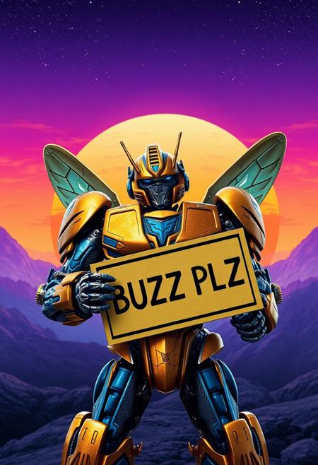 gold and blue Bumblebee transformer holding a sign that sys "BUZZ PLZ", photograph with a purple sky, cosmic stars, an orange and blue synthwave sun background. Slightly turned. Damascus steel. Ultra-detailed. Hyper-realistic.