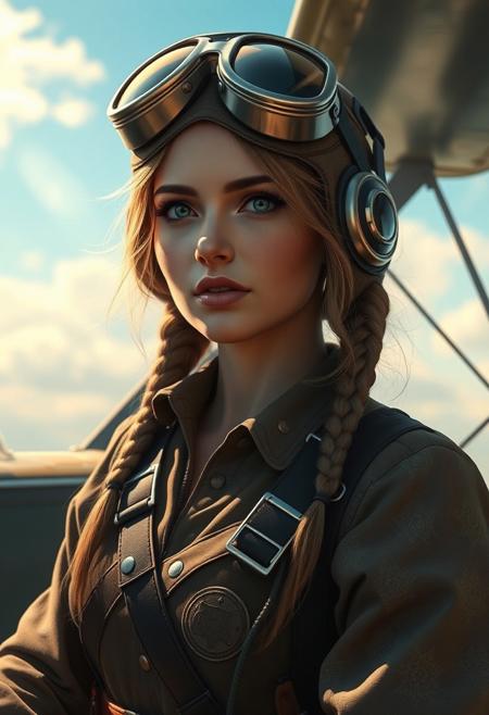 Masterpiece. (Title text: "Need buzz to fly"), Illustration of a beautiful woman, vintage aircraft pilot, early twentieth century, high-res, semi realistic, best quality, intricate details, ultra details, good lighting, vibrant colors, very detailed, octane render, ray tracing,
