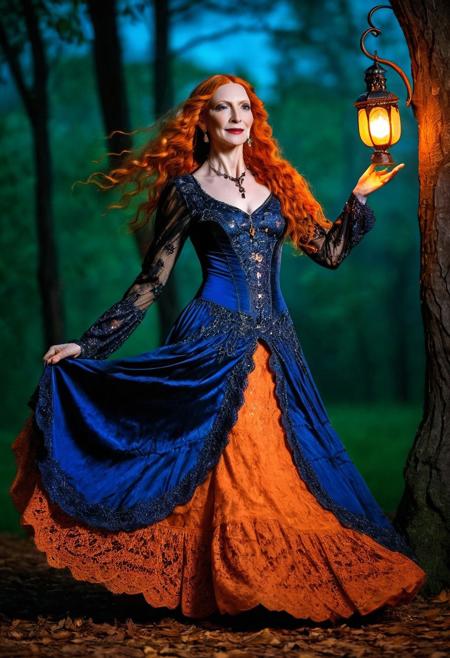 A captivating, cinematic night time photo of elegant beautiful goth vampire woman slowly dancing, slight smile, arms out, smiling, age 50 with long curly orange hair and freckles, full body view. She is dressed in an exquisite, orange and royal blue Victorian dress adorned with intricate lace and silver thread patterns. Her long orange hair flows elegantly, and her eyes are a striking shade of green. Matching slippers enhances her look. A large black arabian horse watches from behind. The background is a mystical, moonlit forest glowing lanterns, creating an atmosphere of supernatural enchantment., DarkFantasy, photo, cinematic,